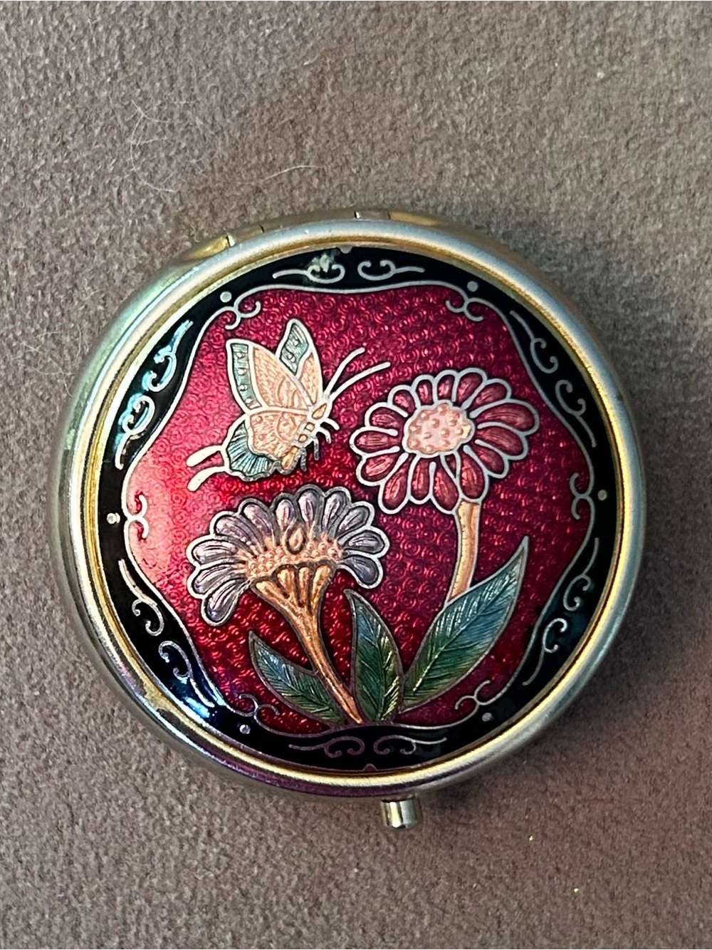 Vintage Cloisonné Floral Enamel Pill Box